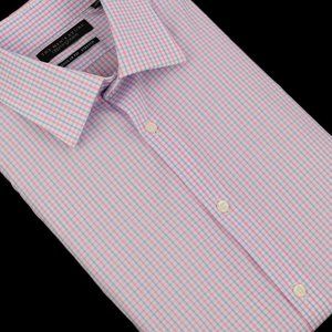 THE MENS STORE Pink Blue Check Regular Cotton Stretch Dress Shirt 15 32/33 NWT